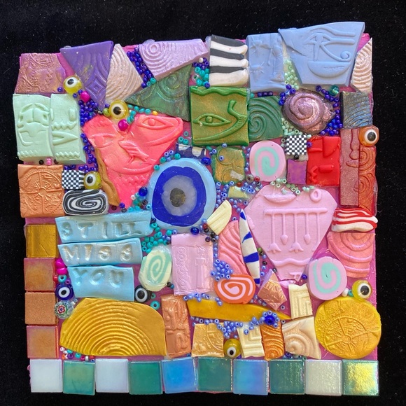 Handmade Clay Mosaic “Still Miss You” Polymer Clay &Glass Original On Wood - Picture 1 of 12